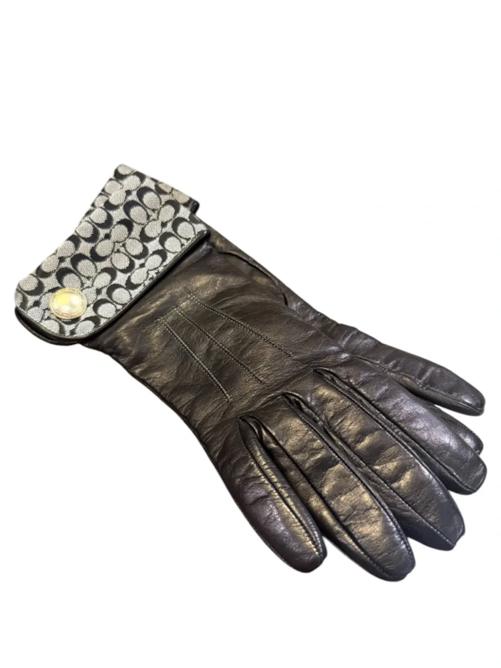 Coach Black Leather Gloves Signature Cuff Cashmere Lined Size 8